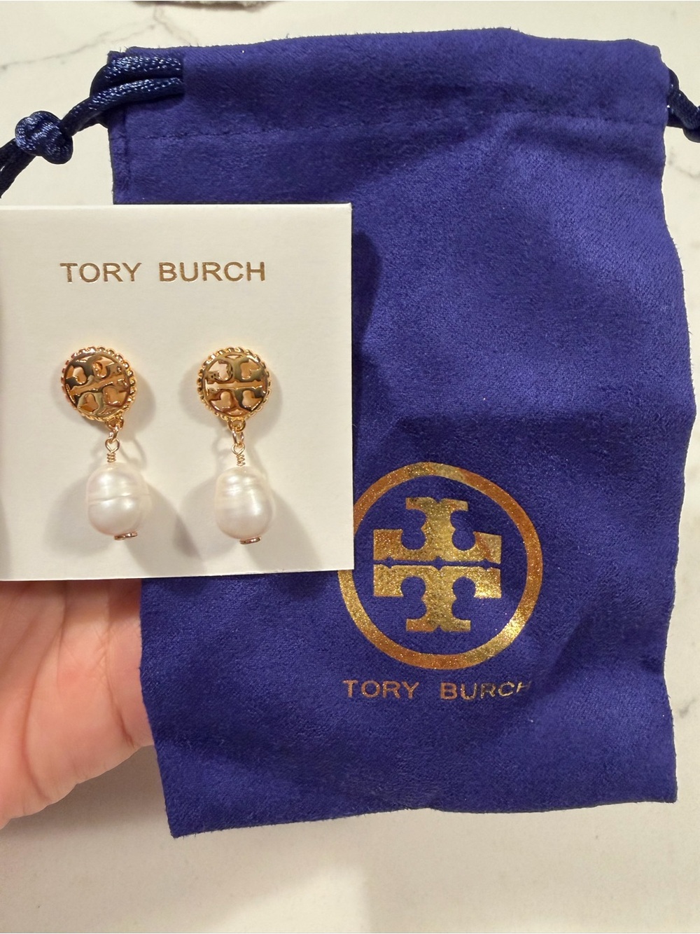 Tory Burch Gold Logo Drop Earrings with White Pearls